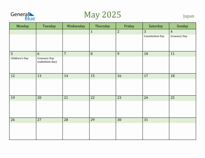 May 2025 Calendar with Japan Holidays