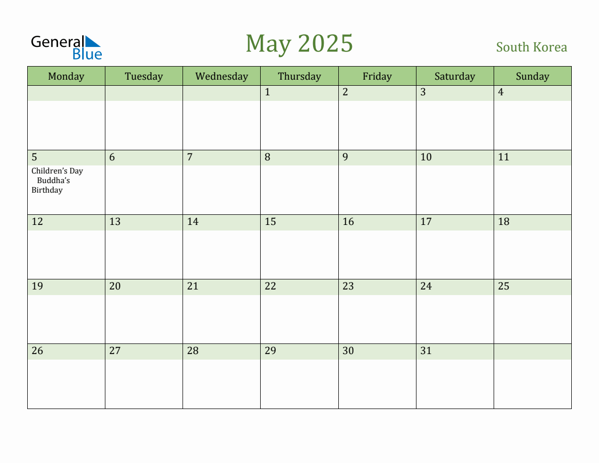 Fillable Holiday Calendar for South Korea May 2025