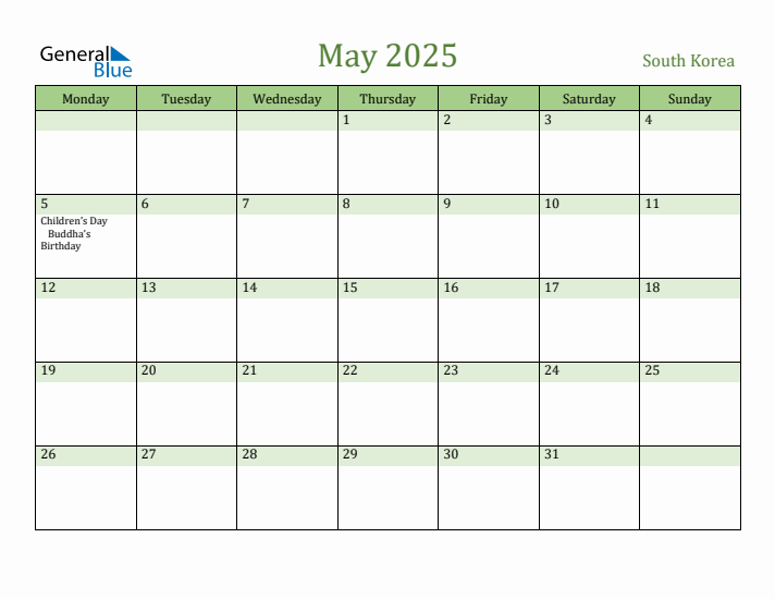 May 2025 Calendar with South Korea Holidays