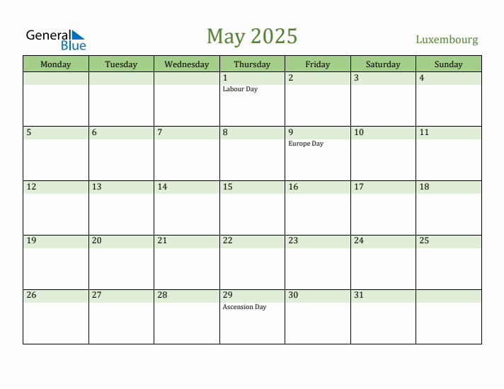 May 2025 Calendar with Luxembourg Holidays
