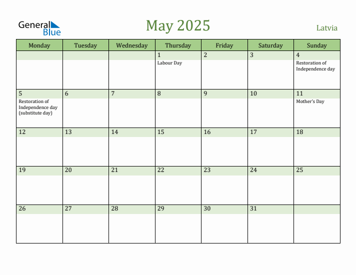 May 2025 Calendar with Latvia Holidays