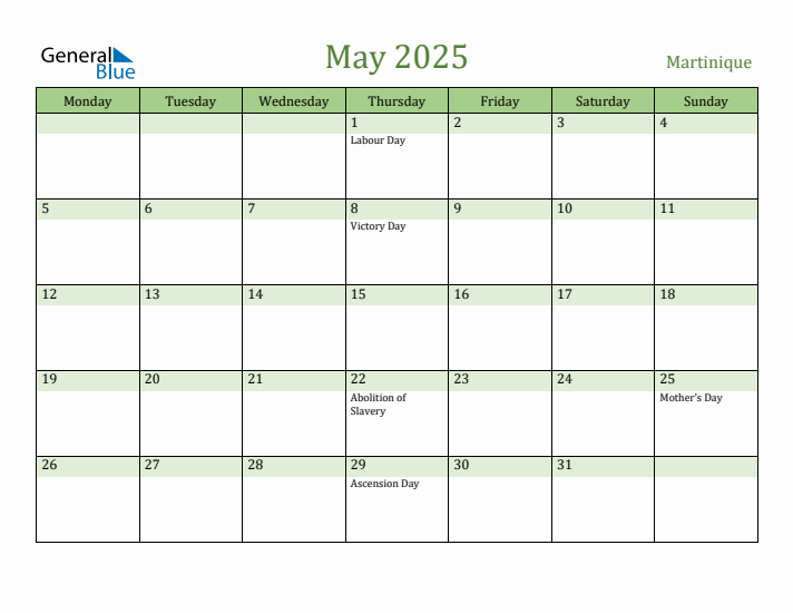 May 2025 Calendar with Martinique Holidays