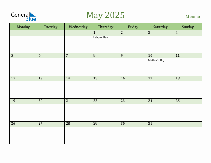 May 2025 Calendar with Mexico Holidays