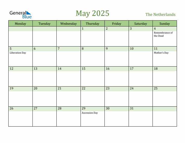 May 2025 Calendar with The Netherlands Holidays