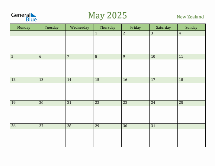 May 2025 New Zealand Monthly Calendar with Holidays