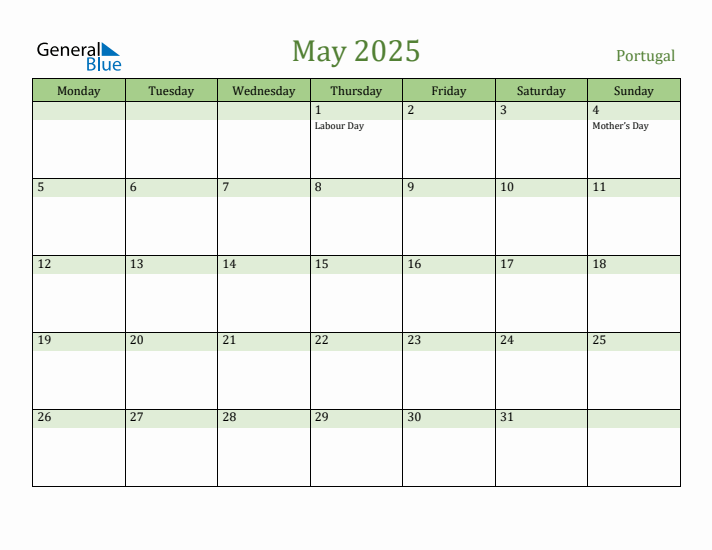 Fillable Holiday Calendar for Portugal May 2025