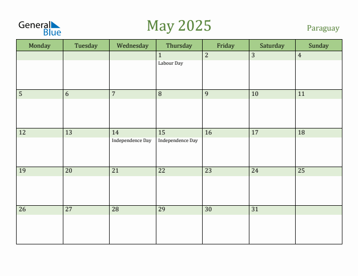May 2025 Calendar with Paraguay Holidays