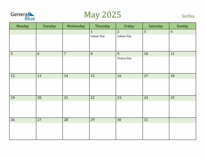May 2025 Calendar with Serbia Holidays