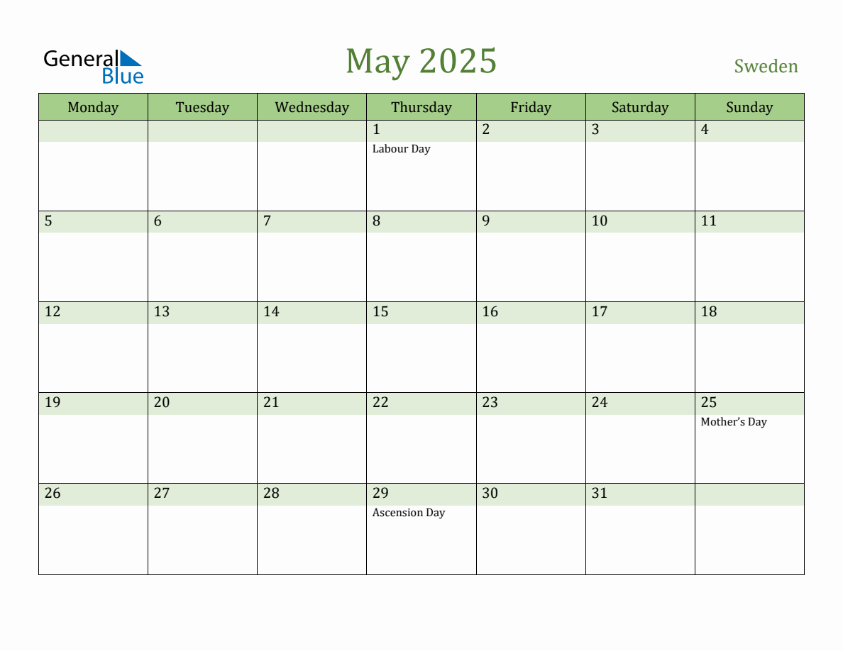 Fillable Holiday Calendar for Sweden May 2025