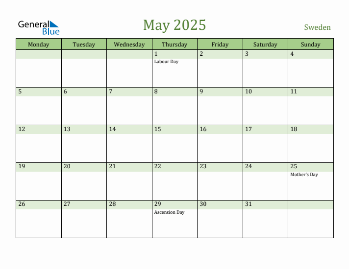 May 2025 Calendar with Sweden Holidays