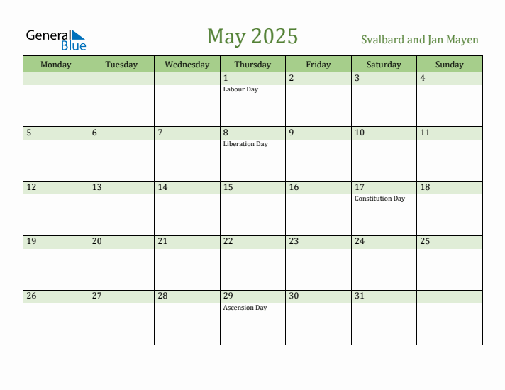 May 2025 Calendar with Svalbard and Jan Mayen Holidays