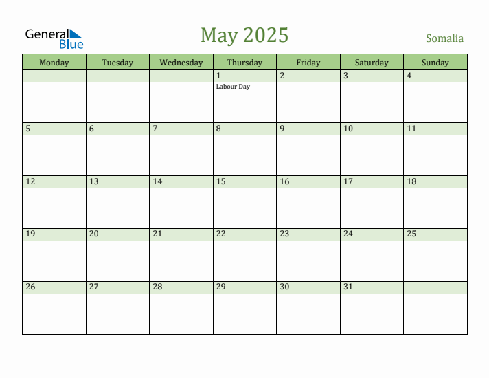May 2025 Calendar with Somalia Holidays