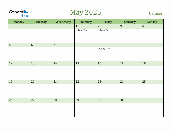 May 2025 Calendar with Ukraine Holidays