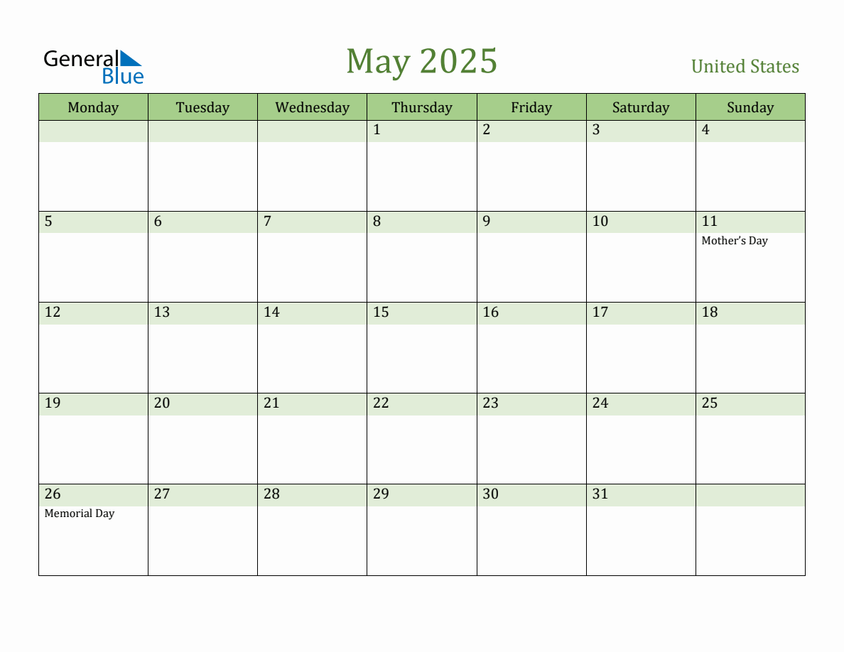 Fillable Holiday Calendar for United States May 2025