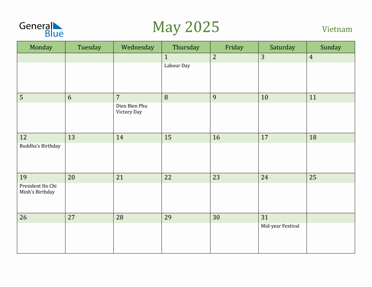 Fillable Holiday Calendar for Vietnam May 2025