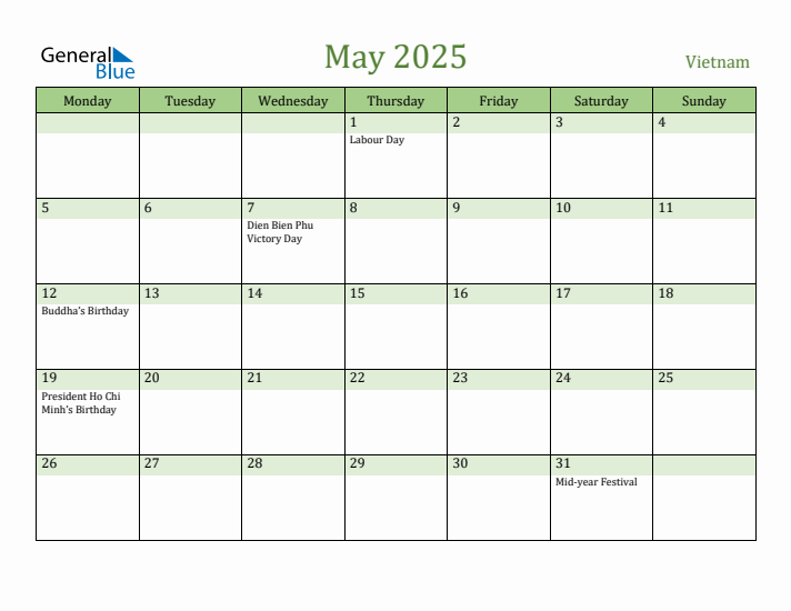 May 2025 Calendar with Vietnam Holidays