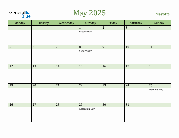 May 2025 Calendar with Mayotte Holidays