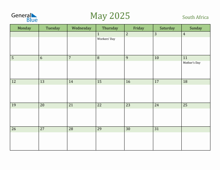 May 2025 Calendar with South Africa Holidays