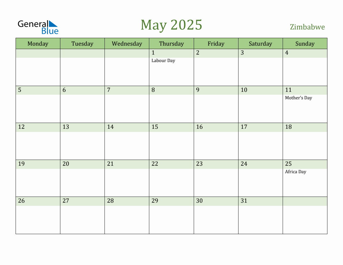 Fillable Holiday Calendar for Zimbabwe May 2025