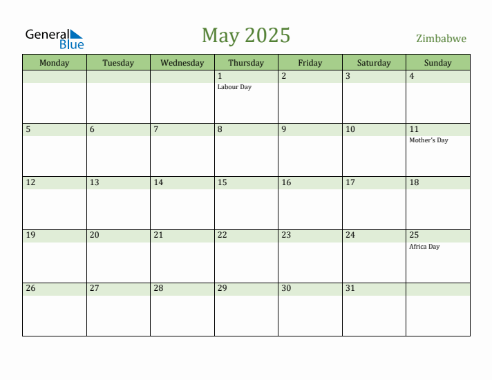 May 2025 Calendar with Zimbabwe Holidays