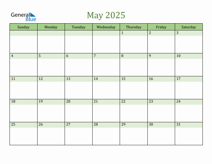 May 2025 Calendar with Sunday Start