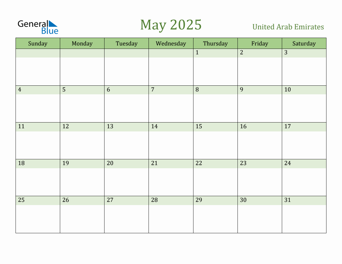 Fillable Holiday Calendar for United Arab Emirates May 2025