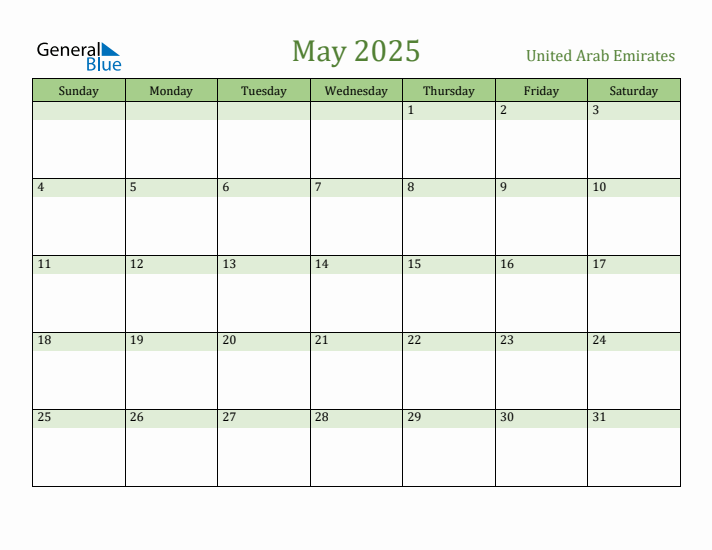 May 2025 Calendar with United Arab Emirates Holidays