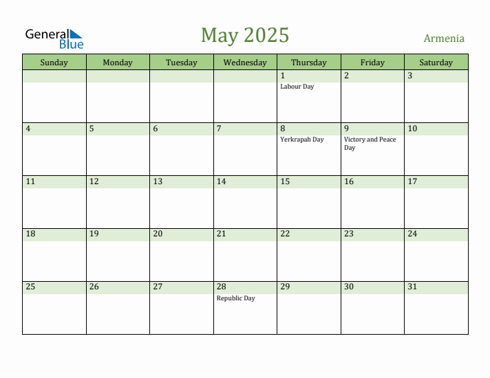 May 2025 Calendar with Armenia Holidays