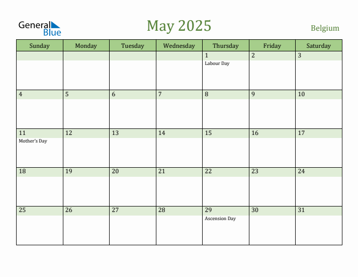 May 2025 Calendar with Belgium Holidays