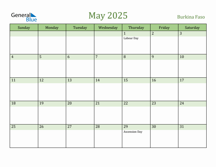 May 2025 Calendar with Burkina Faso Holidays