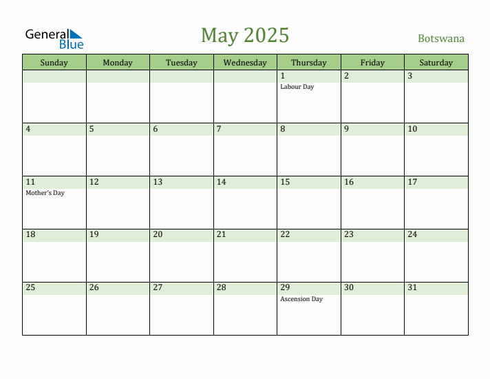 May 2025 Calendar with Botswana Holidays