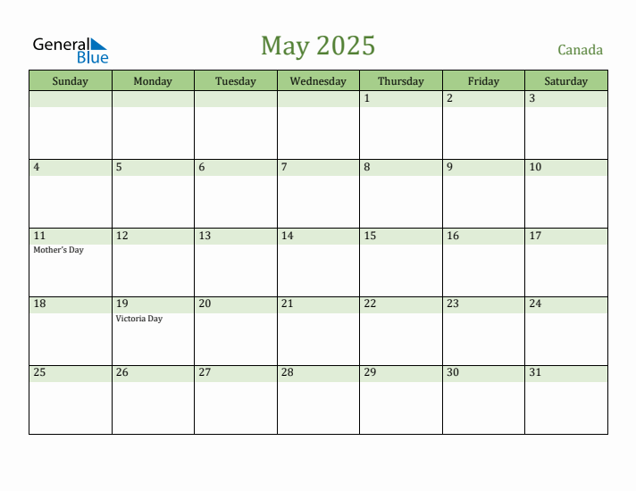 May 2025 Monthly Calendar with Canada Holidays