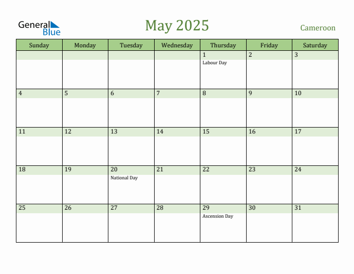 May 2025 Calendar with Cameroon Holidays