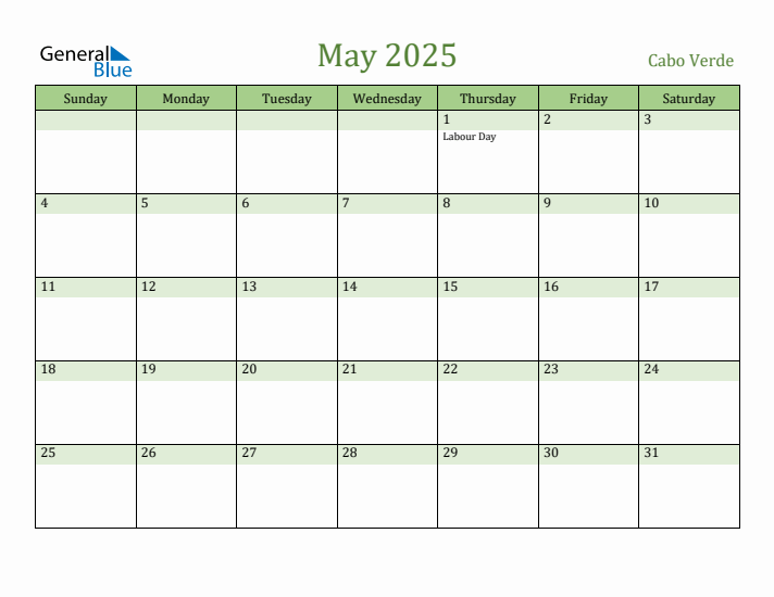 May 2025 Calendar with Cabo Verde Holidays