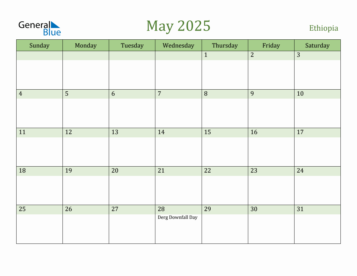 Fillable Holiday Calendar for Ethiopia May 2025