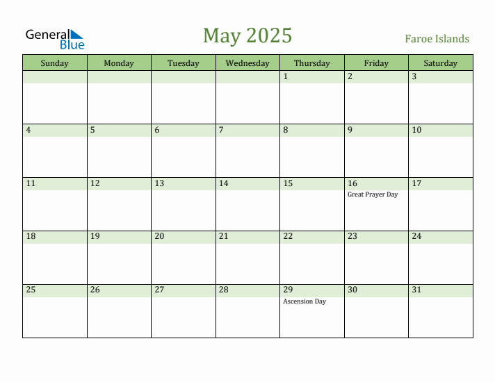 May 2025 Calendar with Faroe Islands Holidays