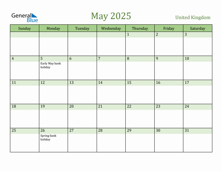 May 2025 Calendar with United Kingdom Holidays