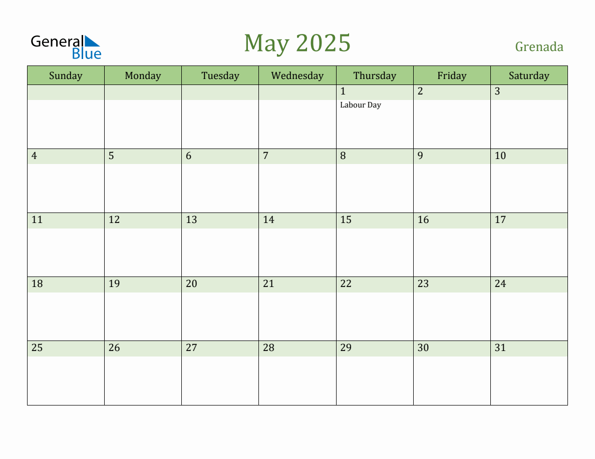 Fillable Holiday Calendar for Grenada May 2025