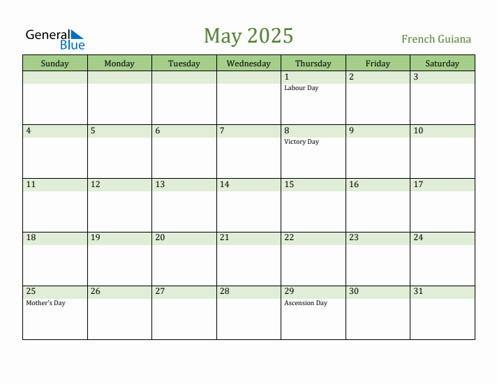 May 2025 Calendar with French Guiana Holidays
