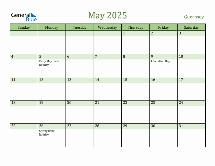May 2025 Calendar with Guernsey Holidays