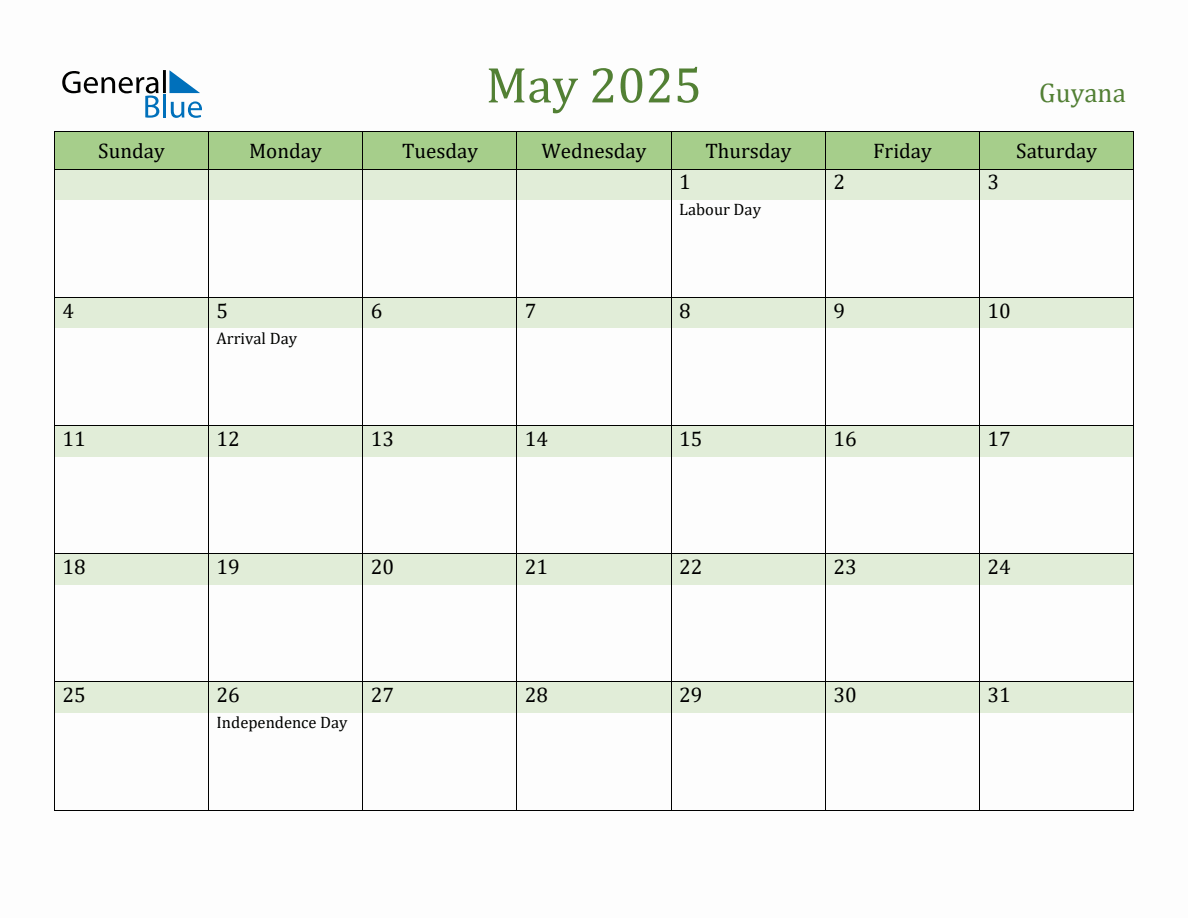 Fillable Holiday Calendar for Guyana May 2025