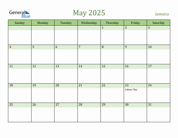 Fillable Holiday Calendar for Jamaica May 2025