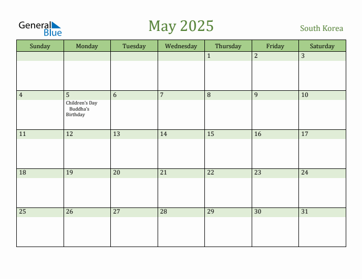 May 2025 Calendar with South Korea Holidays
