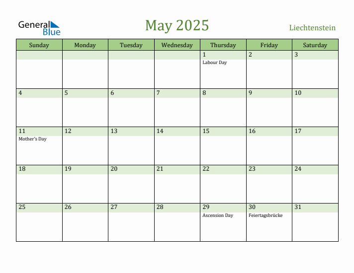May 2025 Calendar with Liechtenstein Holidays