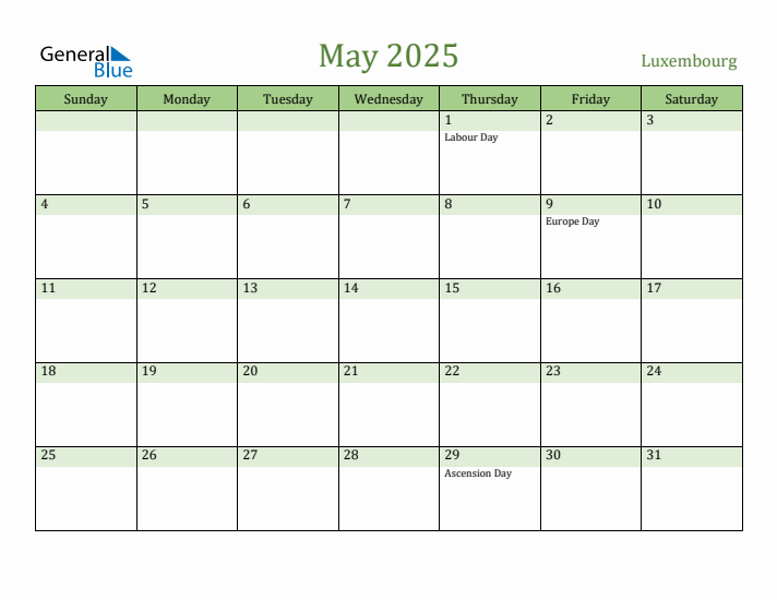 May 2025 Calendar with Luxembourg Holidays