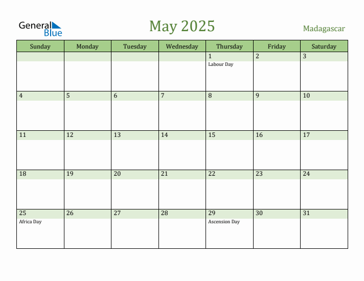 May 2025 Calendar with Madagascar Holidays
