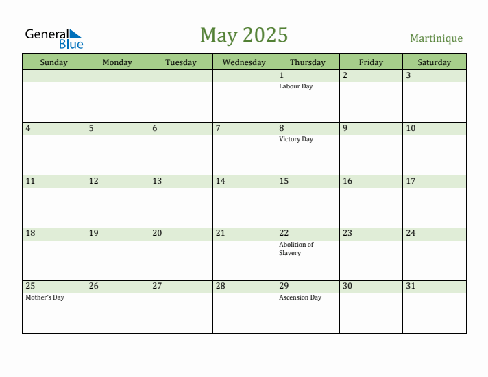 May 2025 Calendar with Martinique Holidays