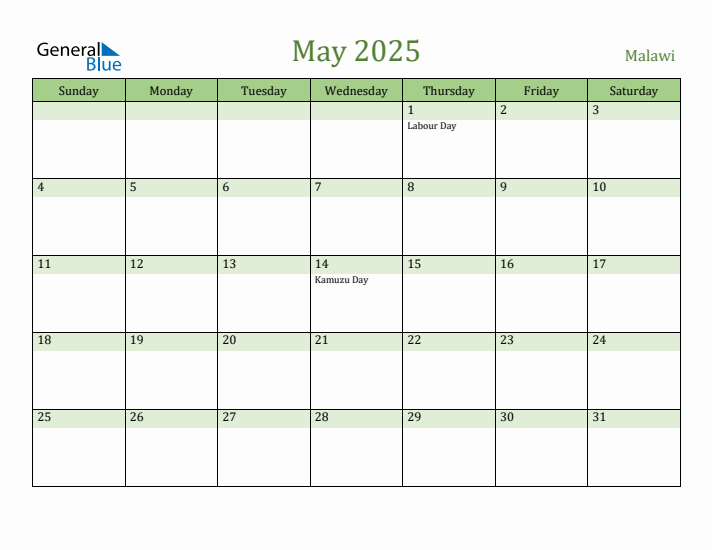 May 2025 Calendar with Malawi Holidays
