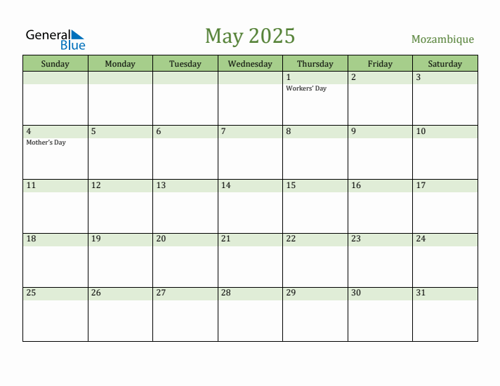 May 2025 Calendar with Mozambique Holidays