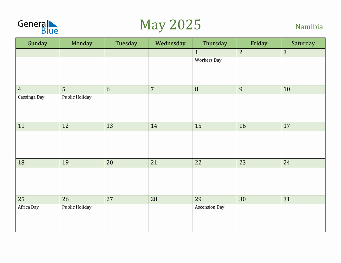 Fillable Holiday Calendar for Namibia May 2025